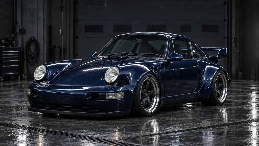 Deep blue sports car in gloss paint, beaded with water on a wet studio floor, a strip light mirrored along its body